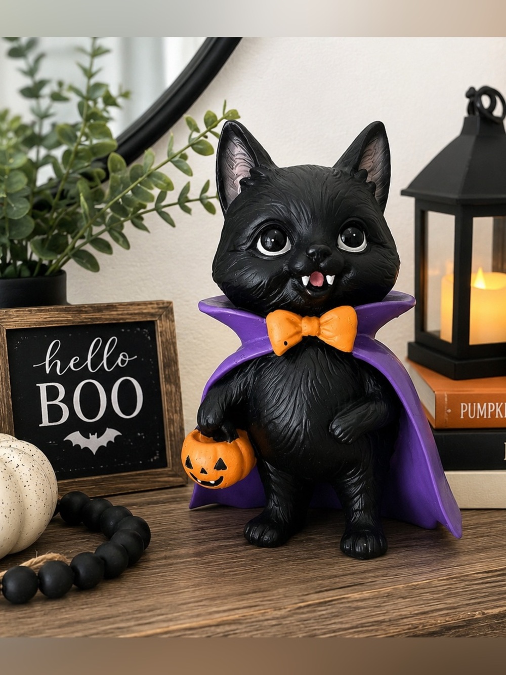 Black Vampire Cat Halloween Figurine Purple Cape Pumpkin Bucket Spooky Decor